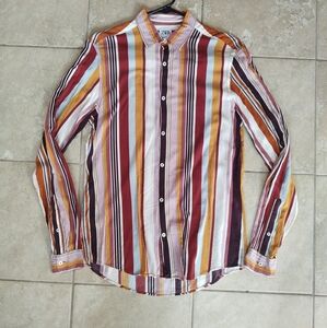 ZARA RELAXED FIT Color Striped Long Sleeve Button Down Shirt Stretchy Size Small